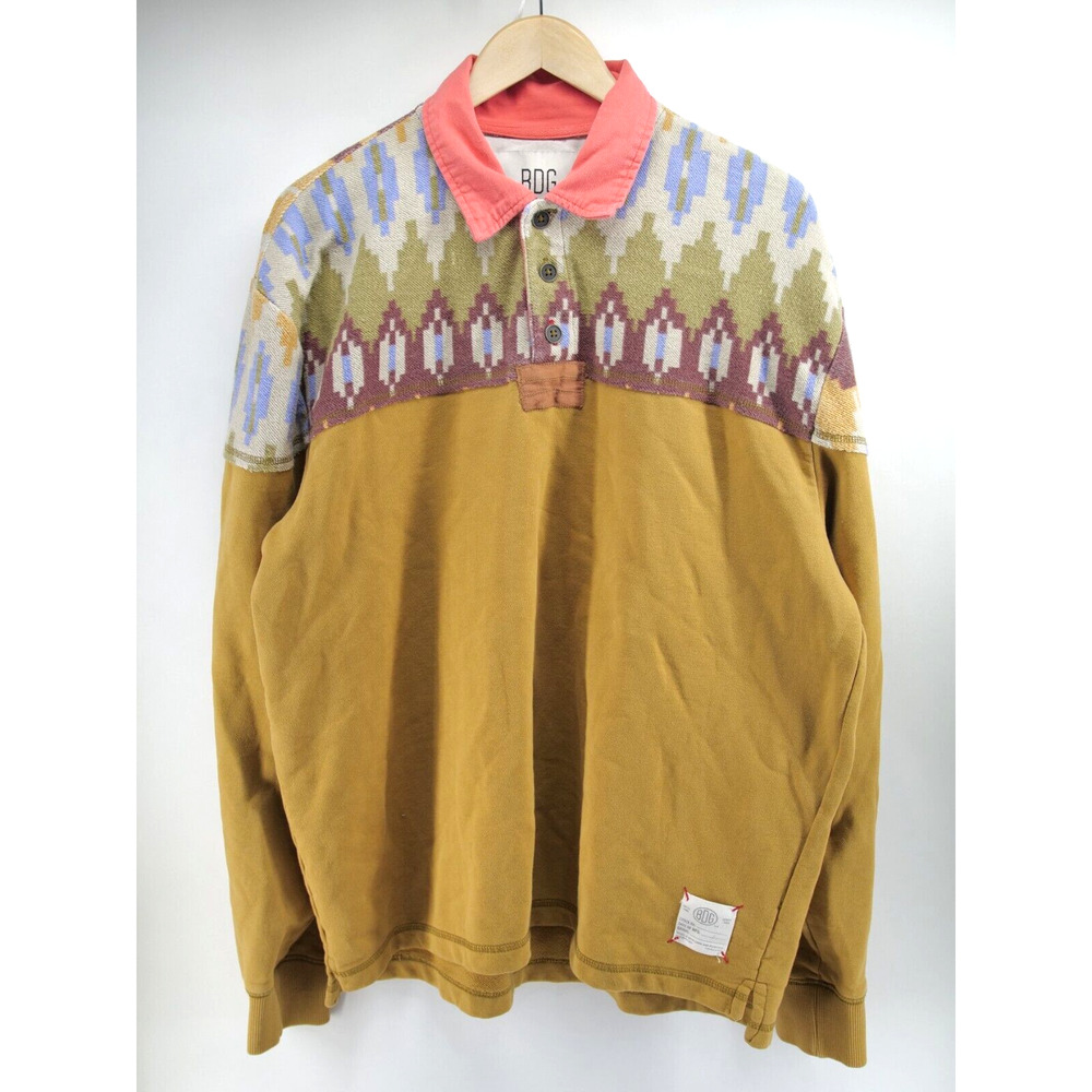 BDG Western Aztec Polo Shirt Mens Medium Brown Casual‎ Long Sleeve Cotton